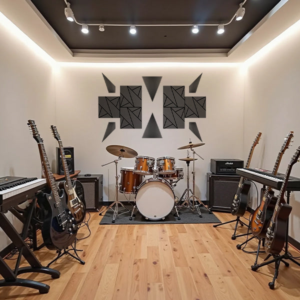 Music studio with musical instruments including guitars, drums, and keyboards xpneuma acoustic panels