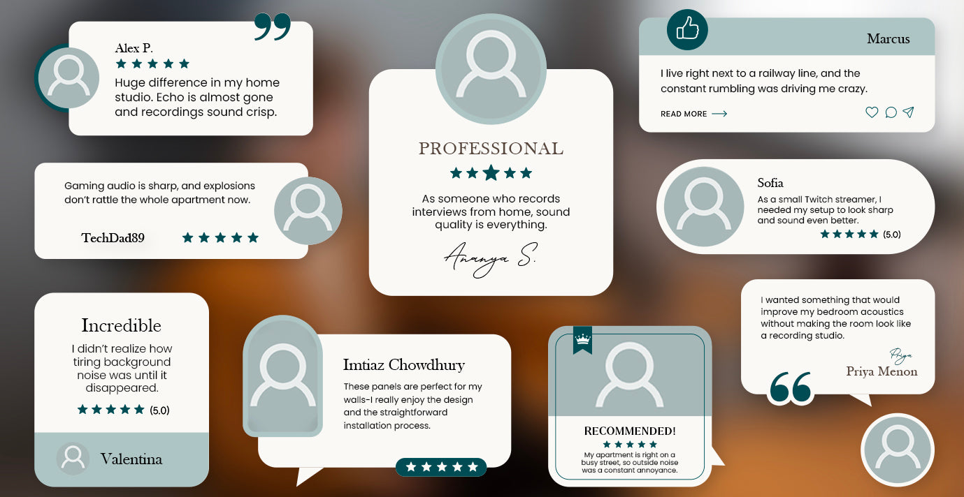 User reviews and ratings displayed for  xpneuma acoustic panels in a graphic interface with user avatars and text bubbles.
