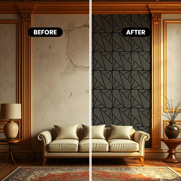 Before and after comparison of a living room with xpneuma acoustic panels wall renovation.