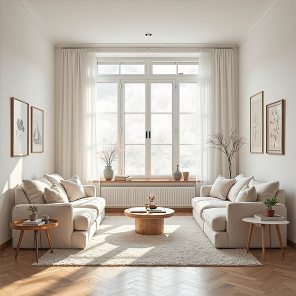 Modern living room with white sofas, a coffee table, and decorative elements.