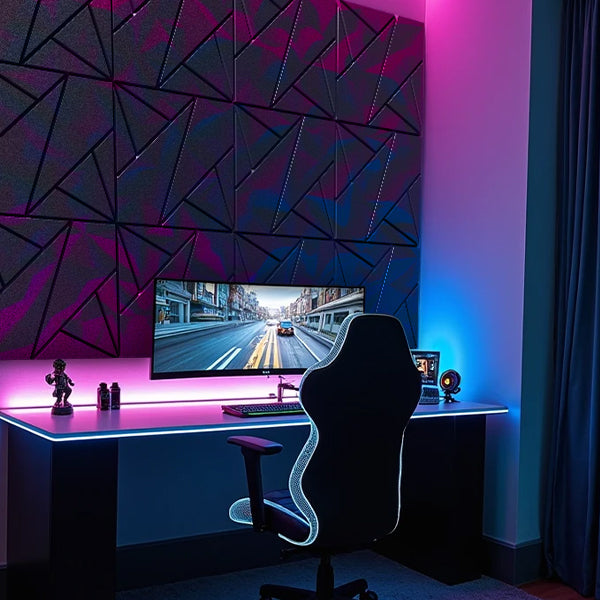 Modern gaming setup with a desk, chair, and computer monitors in a room with acoustic wall panels geometric wall design.