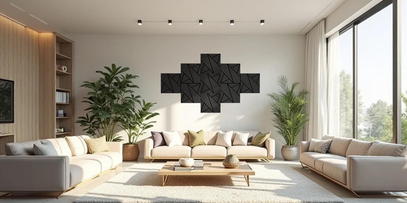 Modern living room with beige sofa, coffee table, and decorative  sound proofing panels wall art.