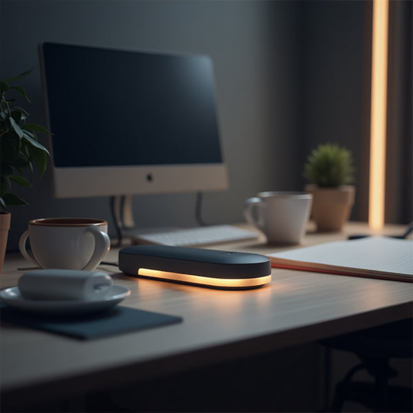 Modern office desk setup with computer, cups, and a glowing cylindrical device.