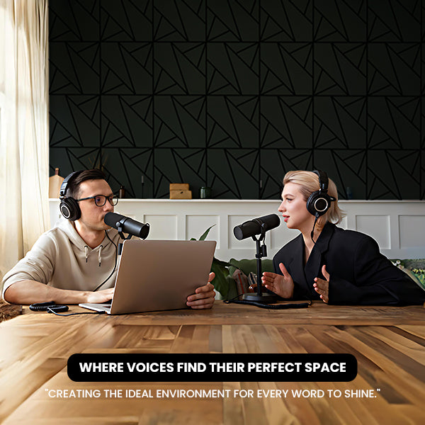 Two people with headphones and microphones in a podcast studio setting.