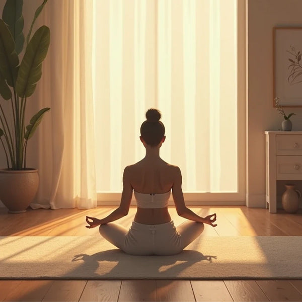 Woman meditating in a serene room with sunlight streaming through curtains