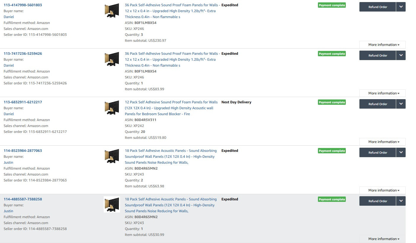 List of product orders with order numbers, statuses, and details on a white background